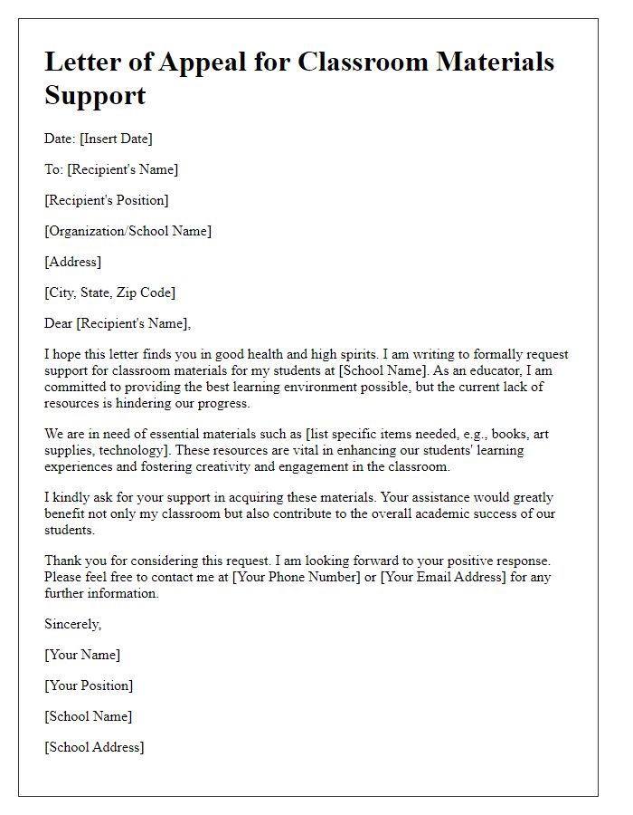 Letter template of appeal for classroom materials support.