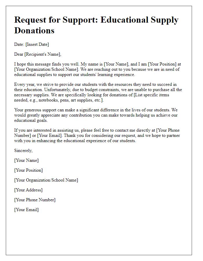 Letter template of request for educational supply donations.