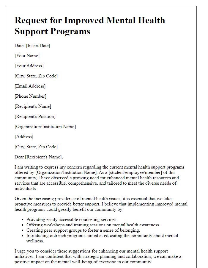 Letter template of request for improved mental health support programs.