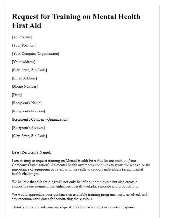 Letter template of request for training on mental health first aid.