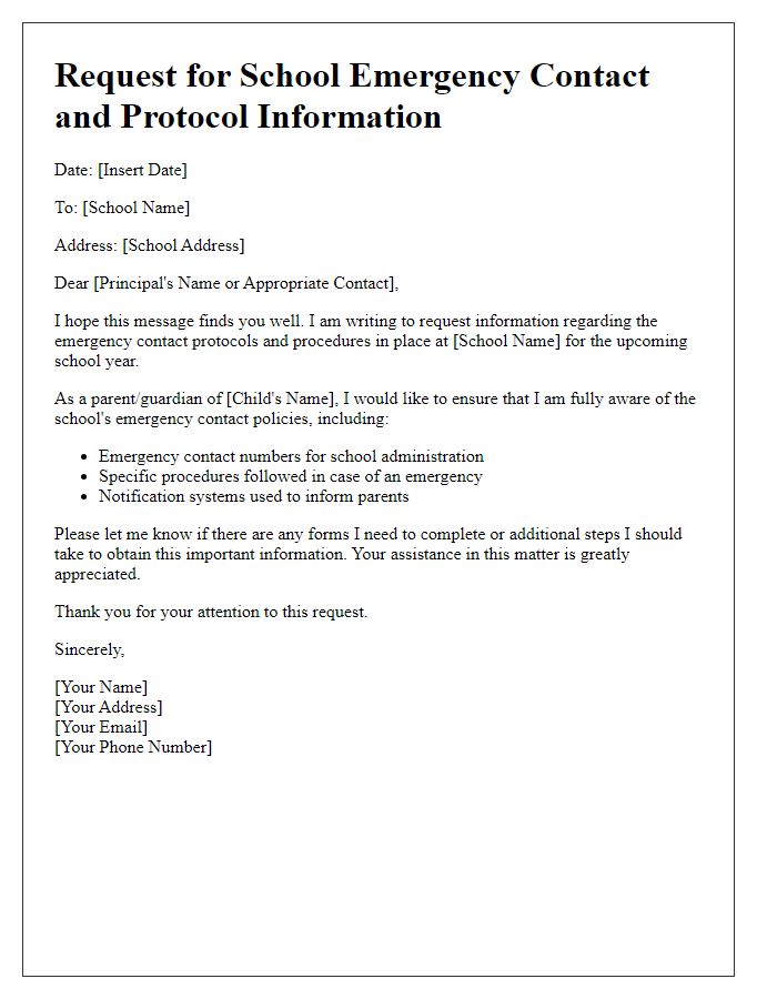 Letter template of address for obtaining school emergency contact and protocol information