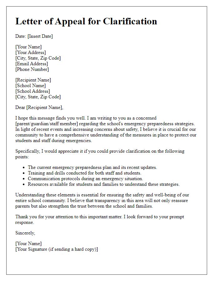 Letter template of appeal for clarification on school emergency preparedness strategies