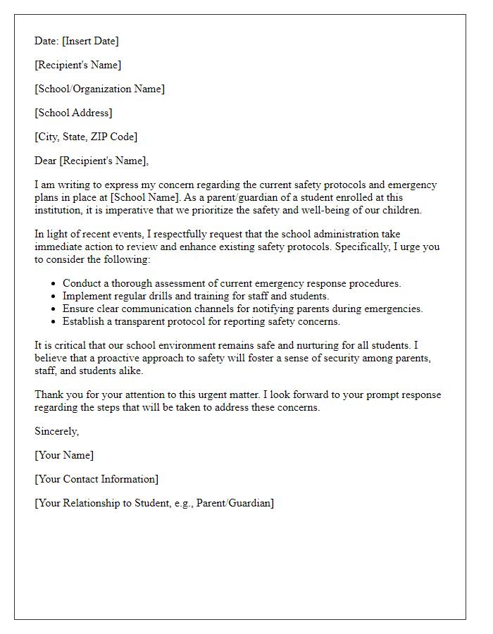 Letter template of demand for school safety protocols and emergency plans