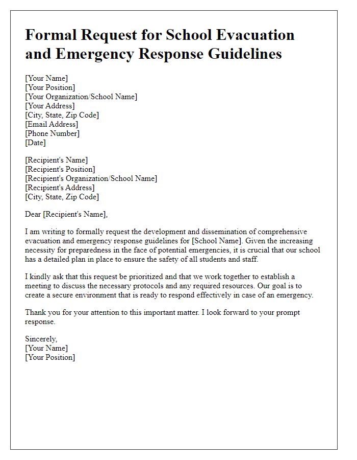 Letter template of formal request for school evacuation and emergency response guidelines