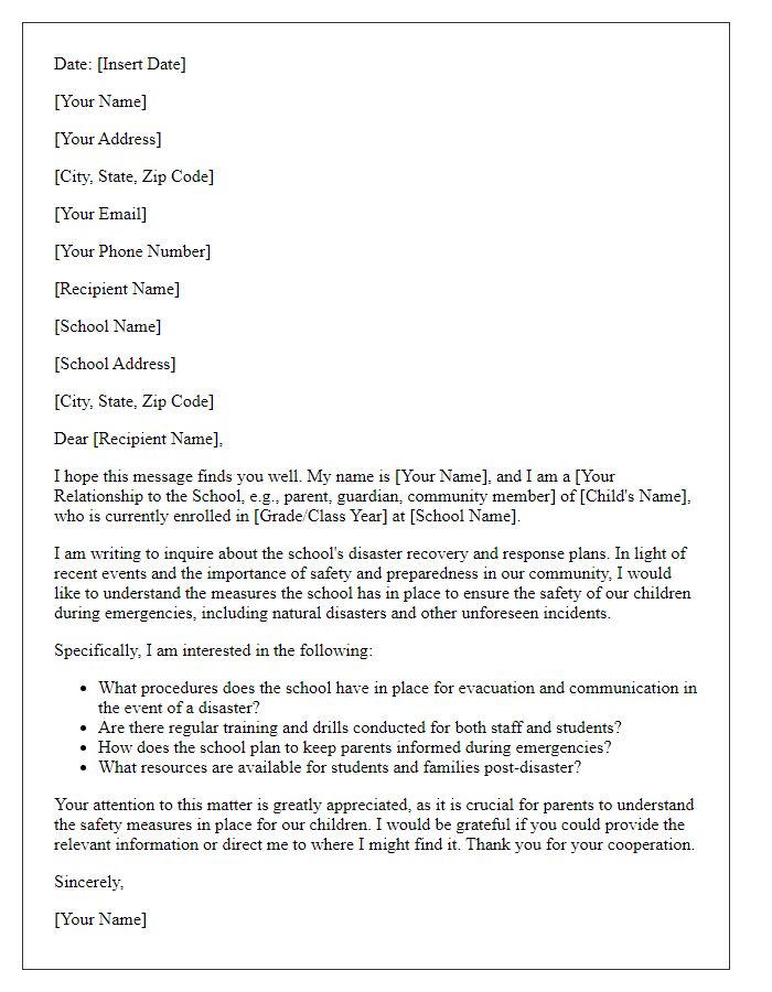 Letter template of inquiry regarding the school's disaster recovery and response plans