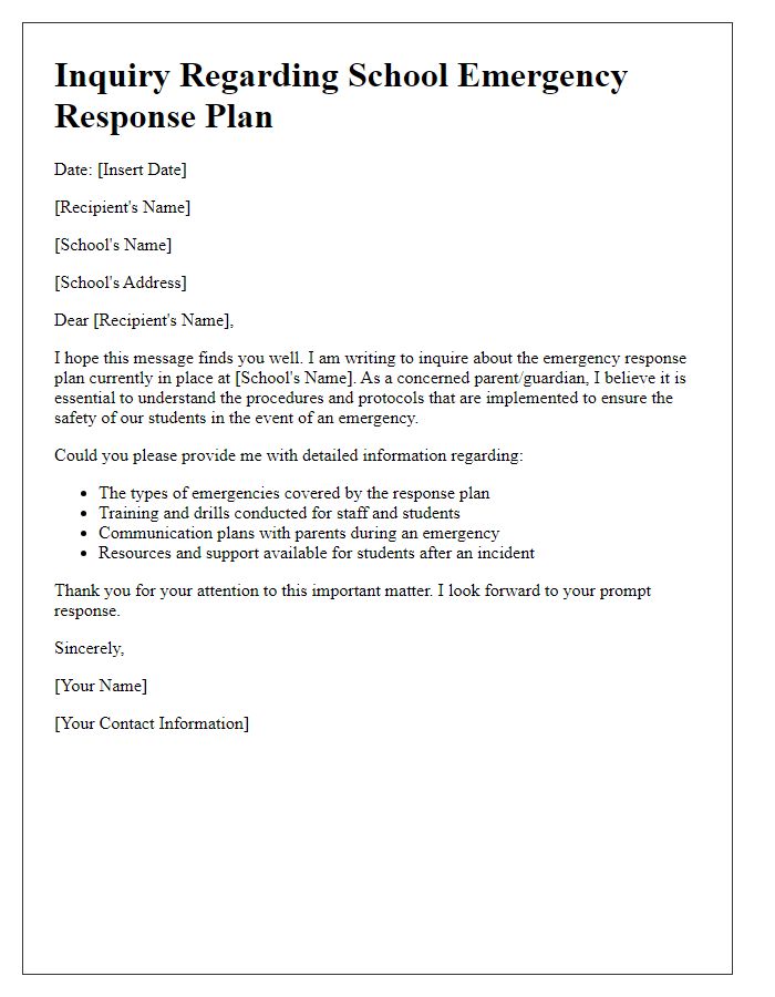 Letter template of inquiry for school emergency response plan details