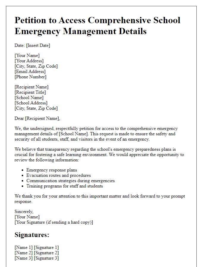 Letter template of petition to access comprehensive school emergency management details