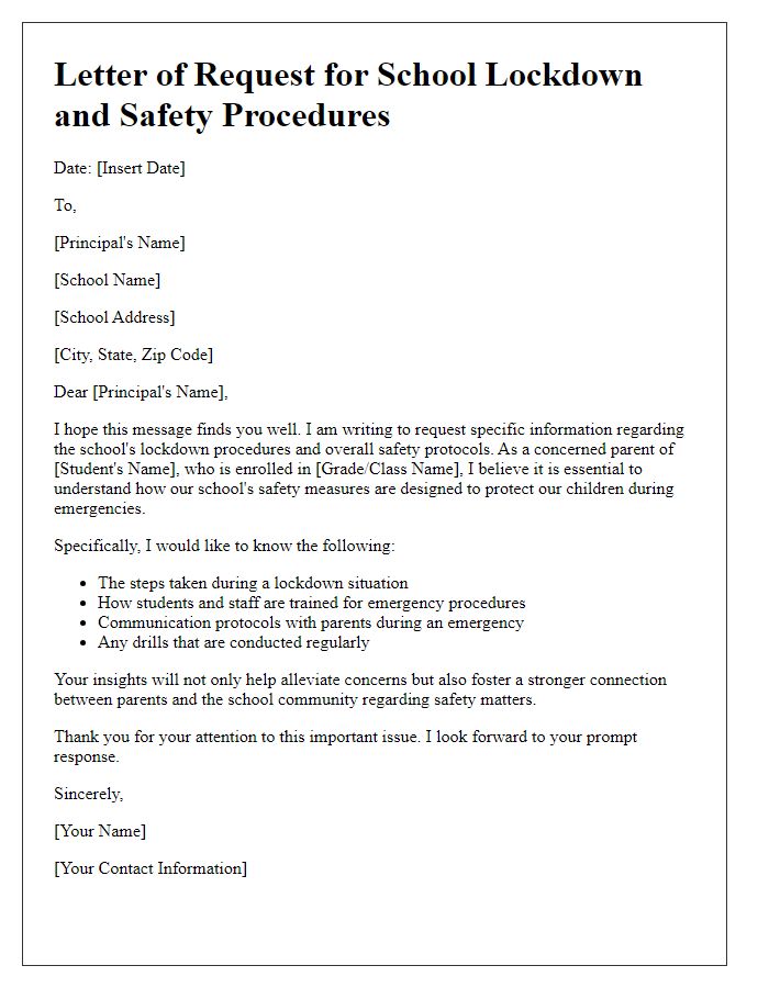 Letter template of request for specifics on school lockdown and safety procedures