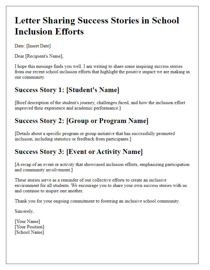 Letter template of sharing success stories in school inclusion efforts