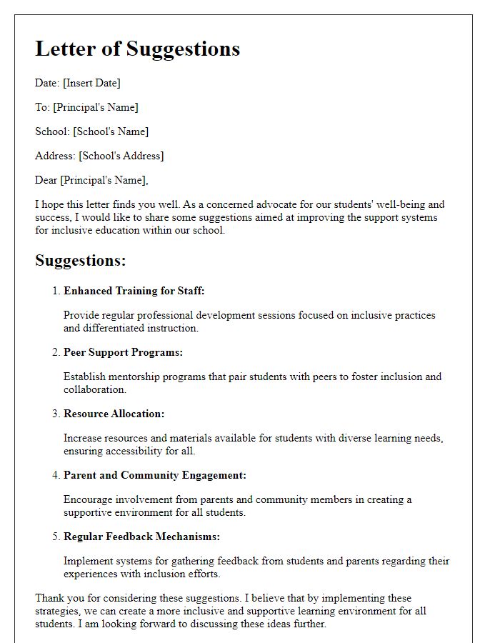 Letter template of suggestions for improving student support in school inclusion