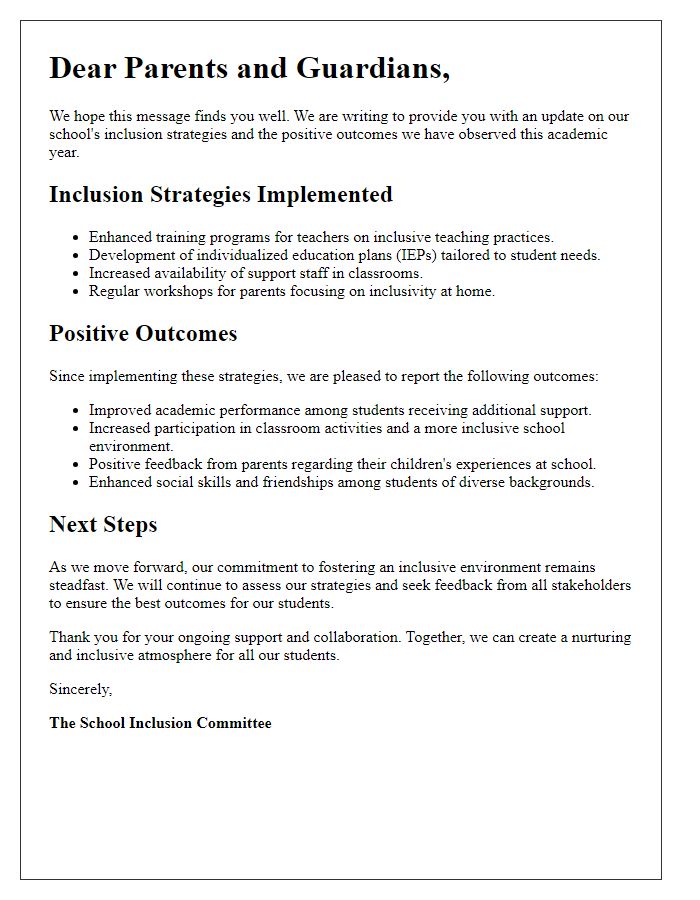 Letter template of updates on school inclusion strategies and outcomes