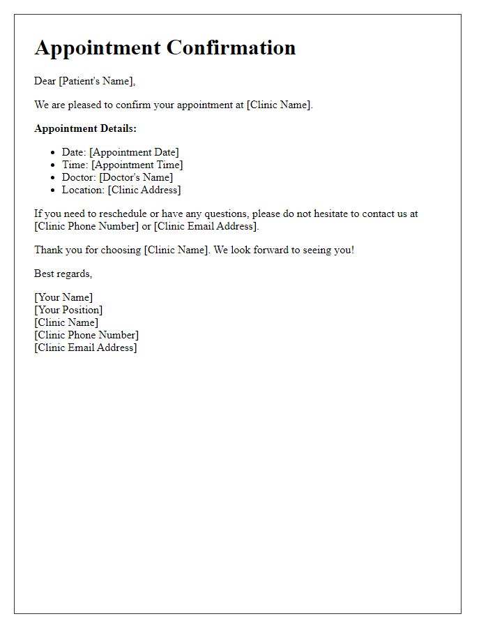 Letter template of clinic appointment scheduling confirmation