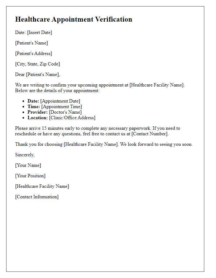 Letter template of healthcare appointment verification