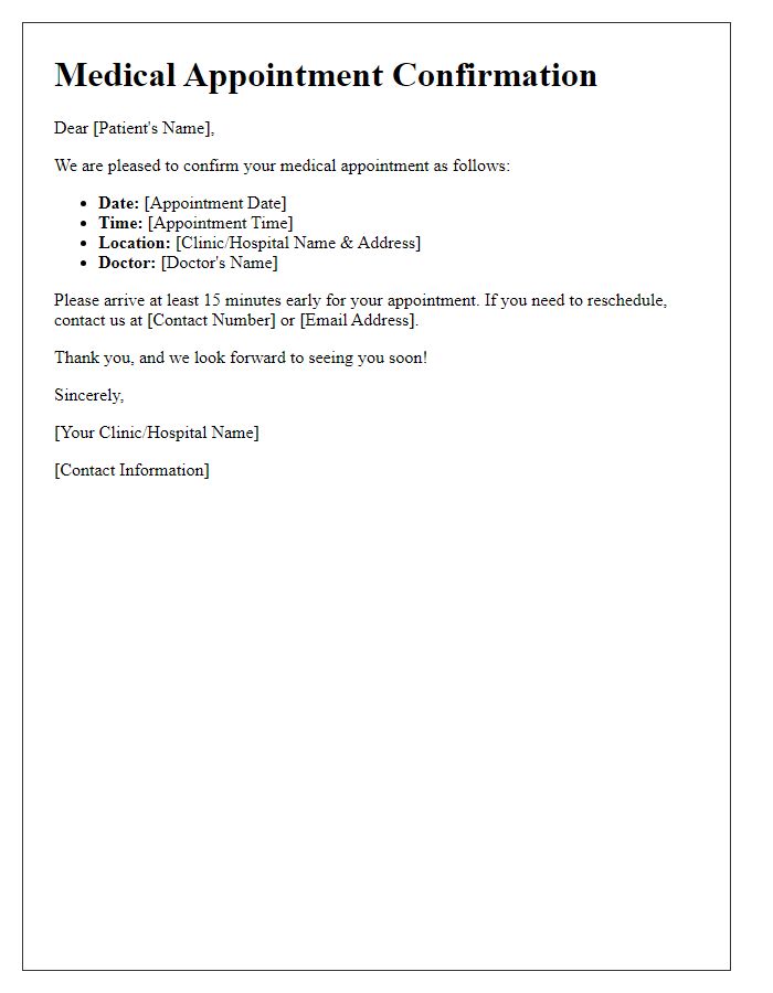 Letter template of medical appointment confirmation