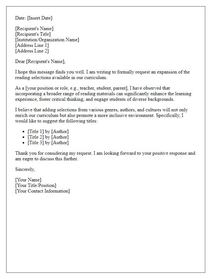 Letter template of request for expanded reading selections.