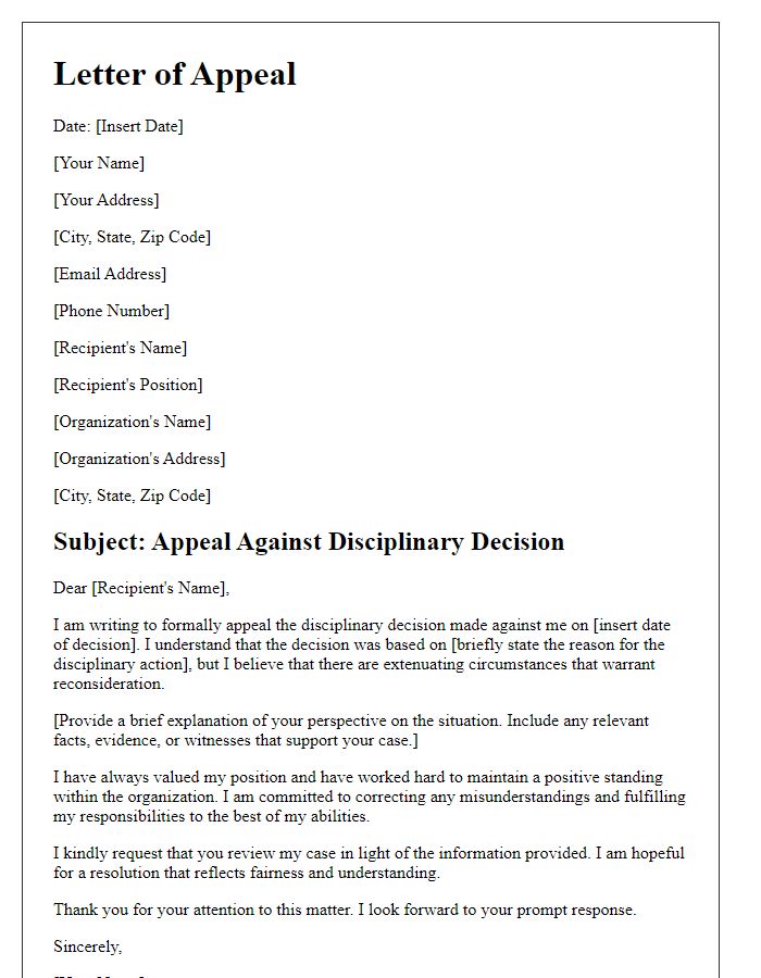 Letter template of appeal against disciplinary decision.