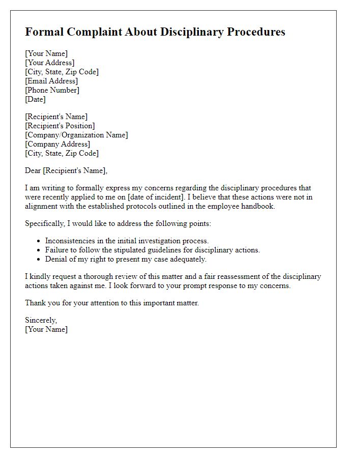 Letter template of formal complaint about disciplinary procedures.