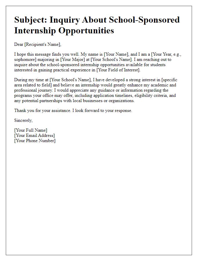 Letter template of approach for discovery of school-sponsored internship information.