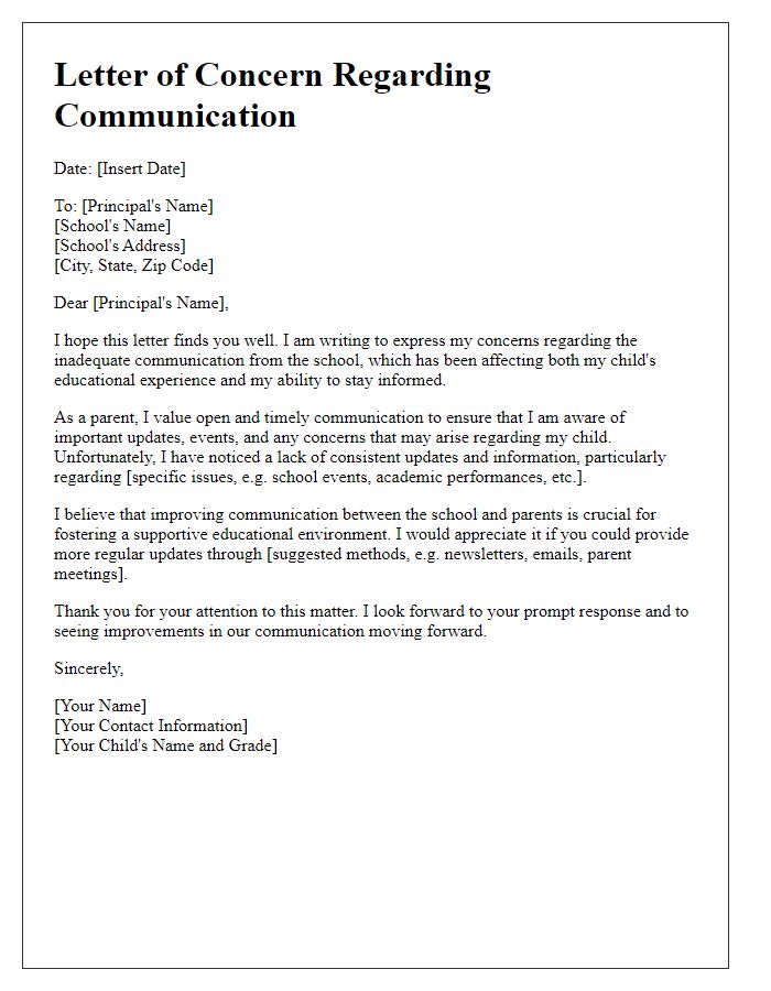 Letter template of concerns regarding inadequate communication from the school.