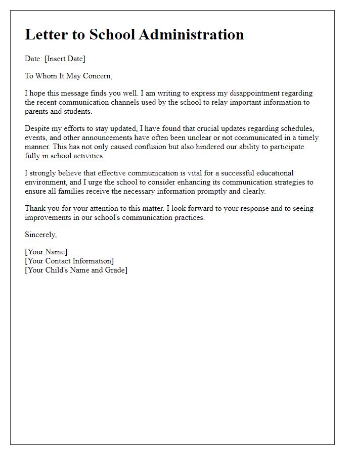 Letter template of expressing disappointment in school communication channels.