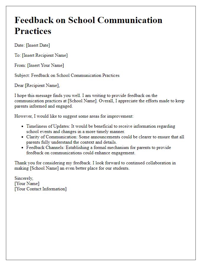 Letter template of feedback on school communication practices.