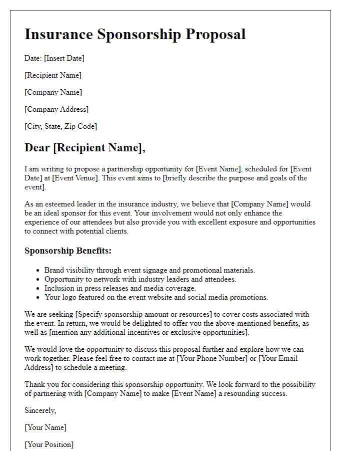 Letter template of insurance sponsorship proposal for corporate events.