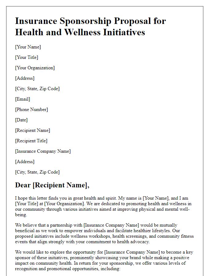 Letter template of insurance sponsorship proposal for health and wellness initiatives.