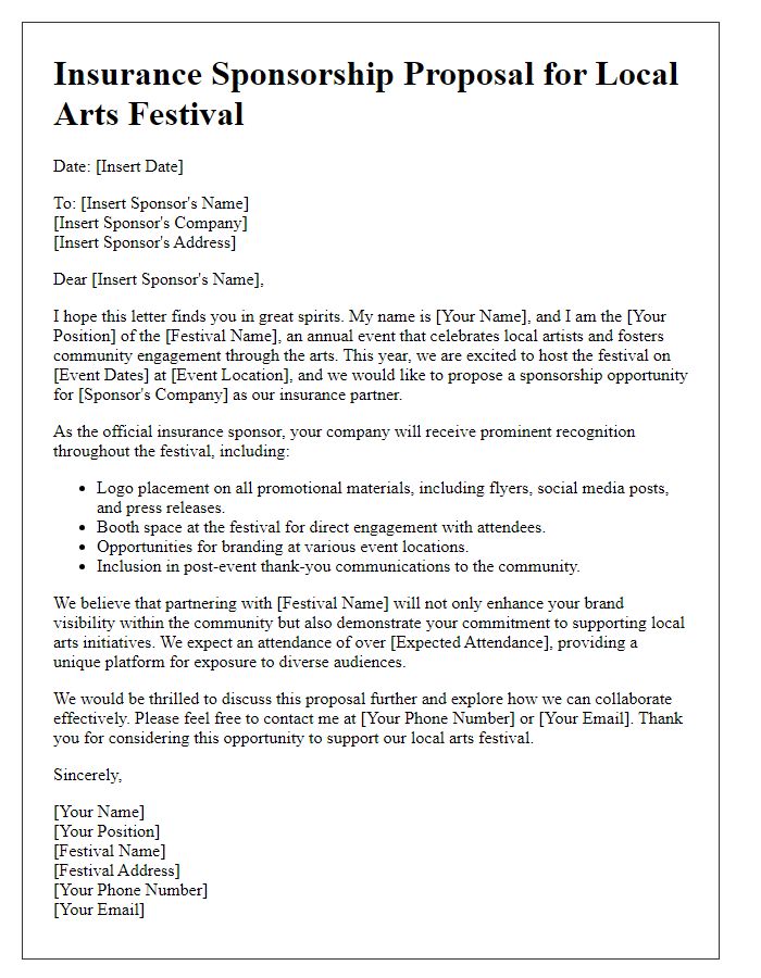 Letter template of insurance sponsorship proposal for local arts festivals.