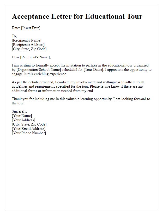 Letter template of acceptance regarding educational tour involvement