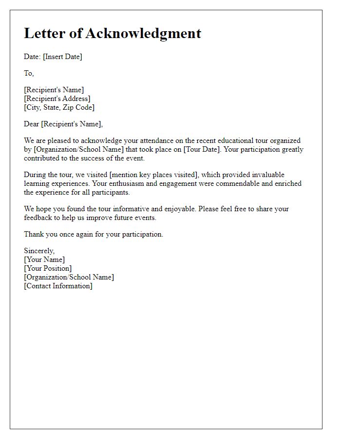 Letter template of acknowledgment for educational tour attendance