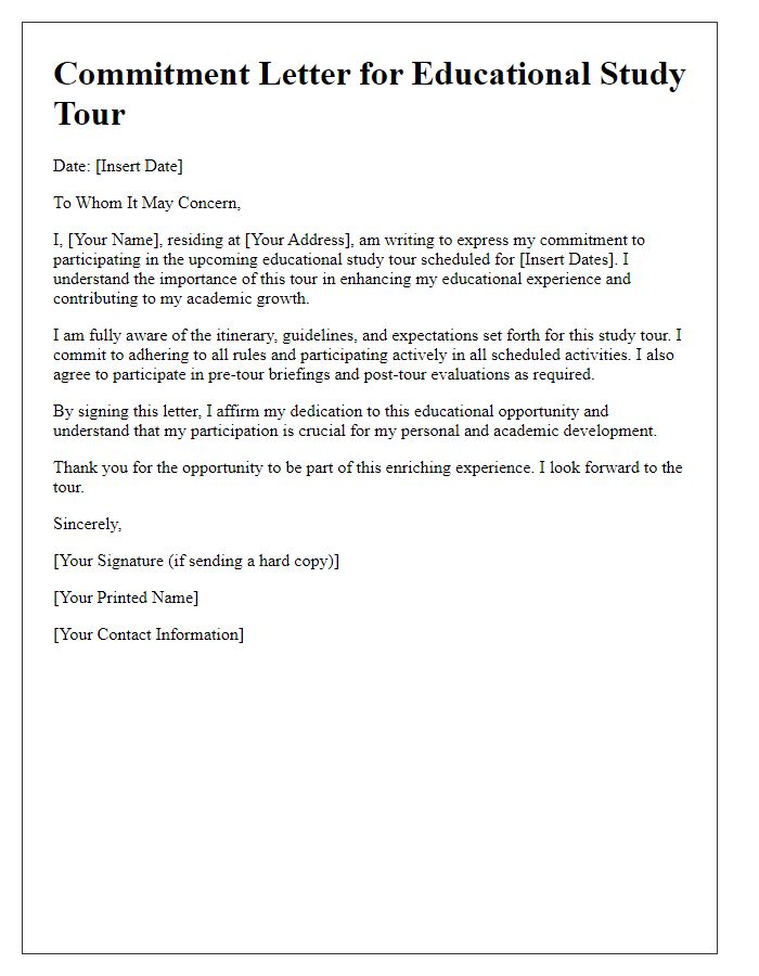 Letter template of commitment to the educational study tour