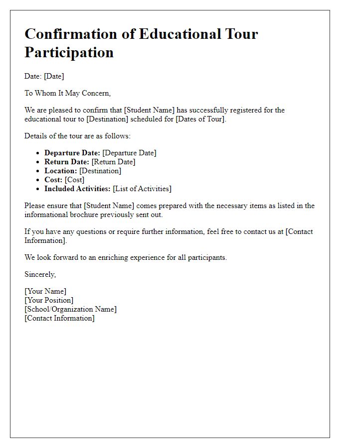 Letter template of confirmation for educational tour participation