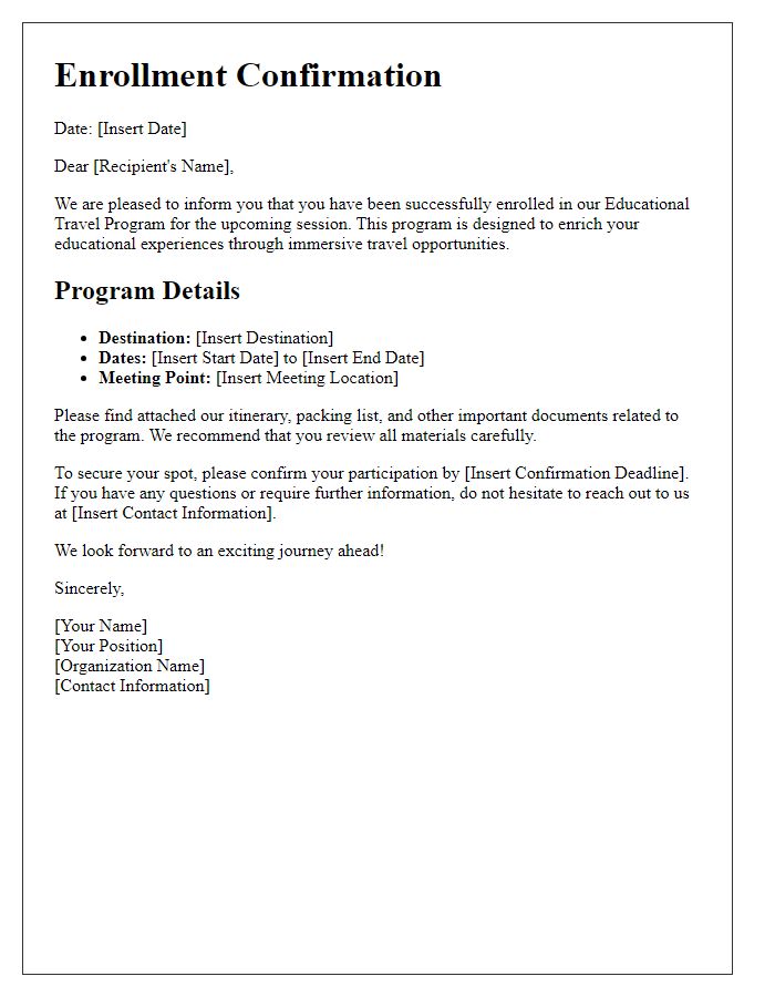 Letter template of enrollment in the educational travel program