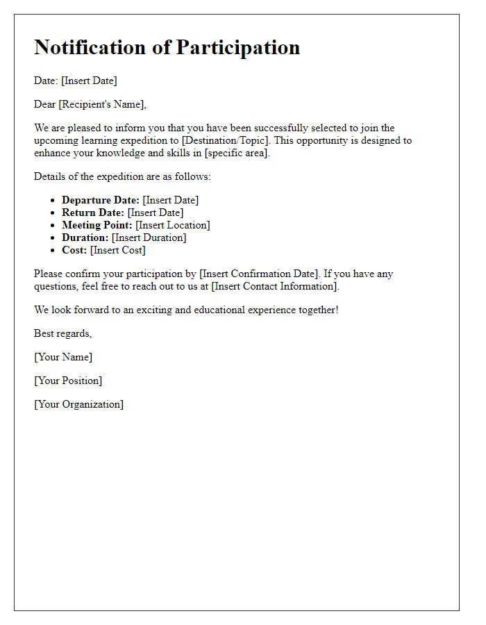 Letter template of notification for joining the learning expedition