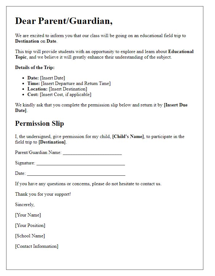 Letter template of participation notice for the educational field trip