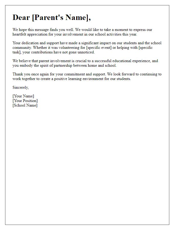 Letter template of appreciation for parent involvement in school activities