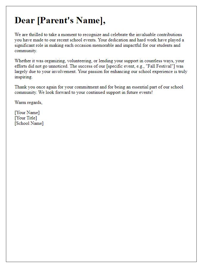 Letter template of celebrating successful parent contributions to school events