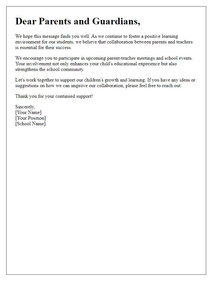 Letter template of encouraging collaboration between parents and teachers