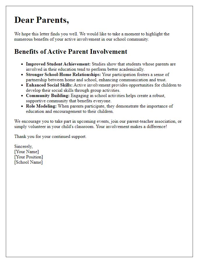 Letter template of highlighting the benefits of active parent involvement