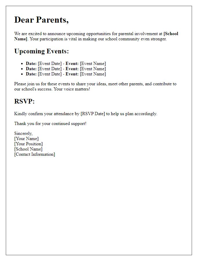 Letter template of invitation to parents for upcoming involvement opportunities