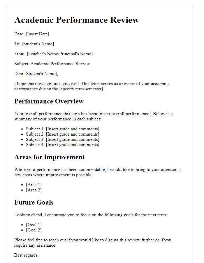 Letter template of academic performance review for students