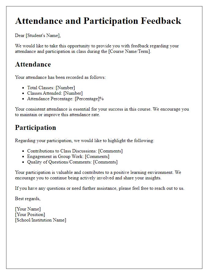 Letter template of attendance and participation feedback for students