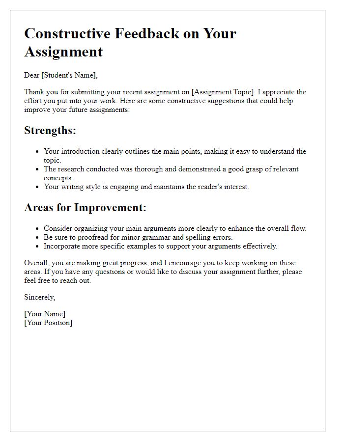 Letter template of constructive feedback for student assignments