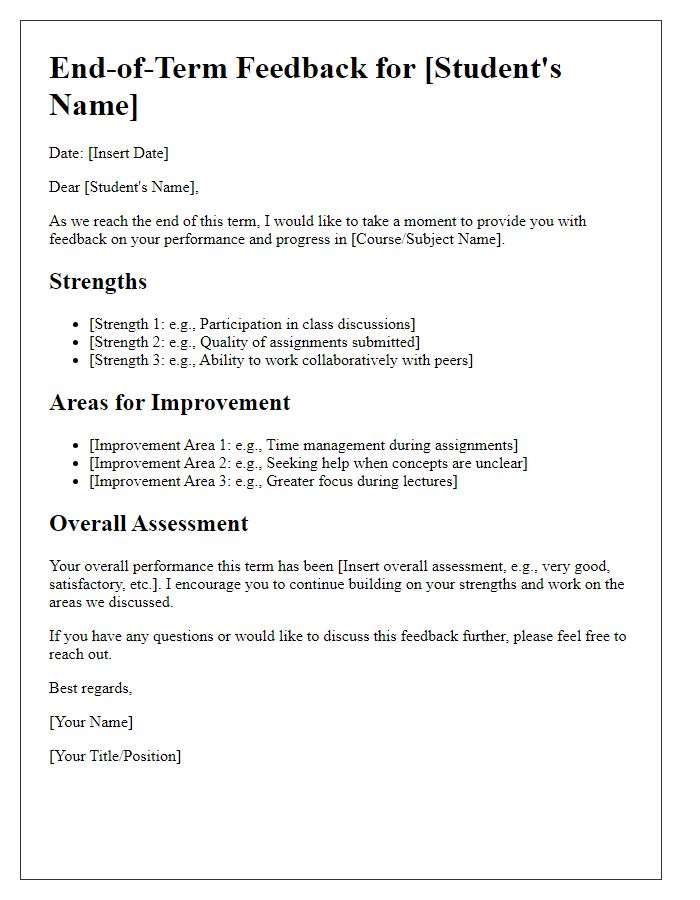 Letter template of end-of-term feedback for student evaluation