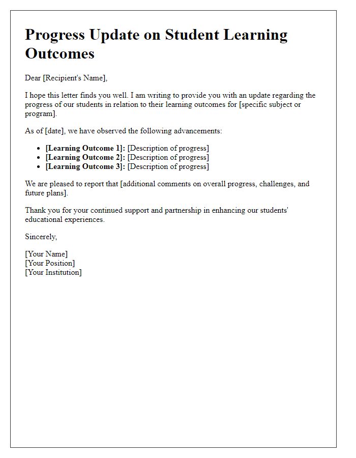 Letter template of progress update for student learning outcomes