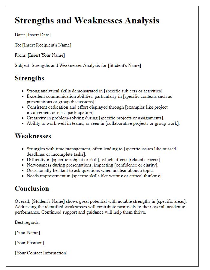 Letter template of strengths and weaknesses analysis for student assessments