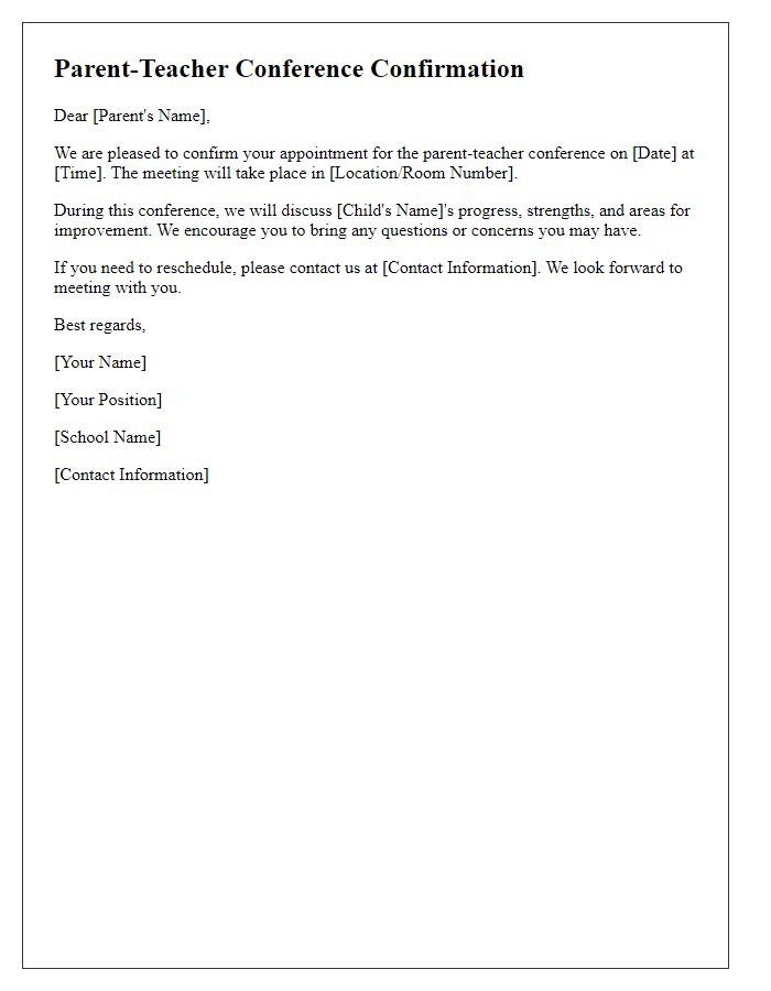 Letter template of confirmation for parent-teacher conference