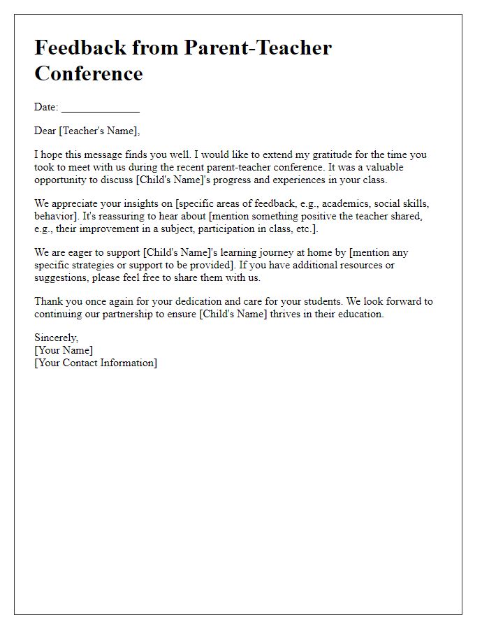 Letter template of feedback from parent-teacher conference