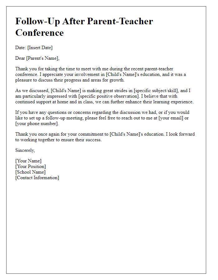 Letter template of follow-up after parent-teacher conference