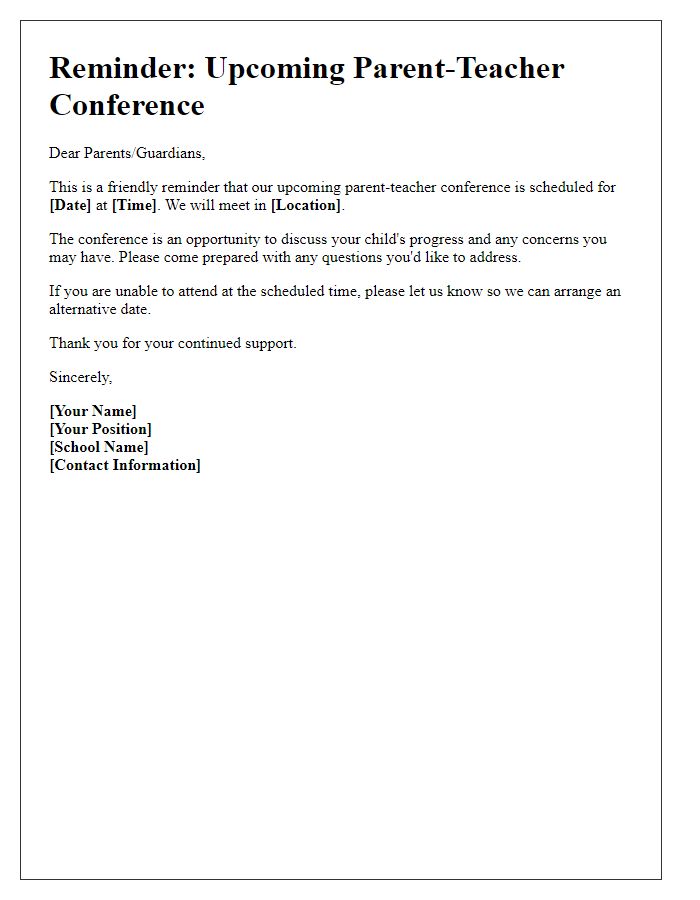 Letter template of reminder for parent-teacher conference